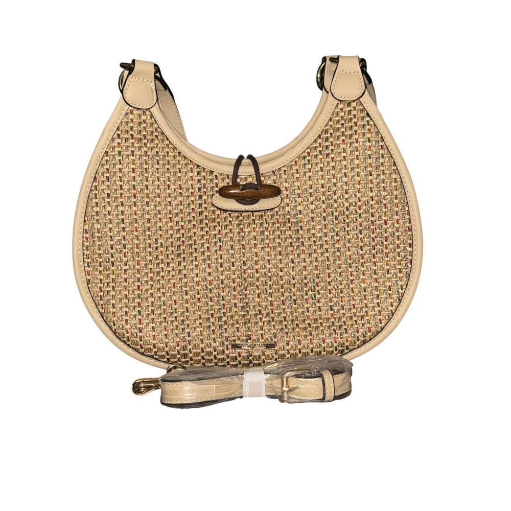 Simply Noelle Woven Shoulder Bag Cream Leather Trim Wood Accent Adjustable Strap